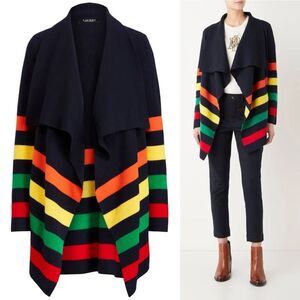 NWT Lauren Ralph Lauren Wool Cardigan Sweater Navy Multicolor Stripe Size Medium